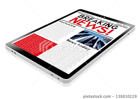 Tablet with breaking news web page - 3D illustration Tablet with breaking news web page - 3D illustration 138810229