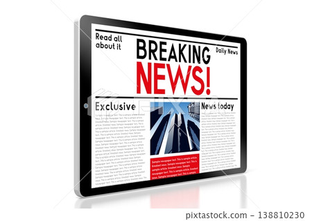 Tablet with breaking news web page - 3D illustration Tablet with breaking news web page - 3D illustration 138810230