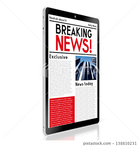 Tablet with breaking news web page - 3D illustration 138810231