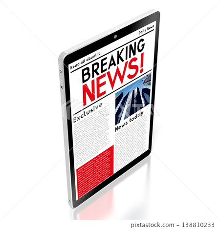 Tablet with breaking news web page - 3D illustration 138810233