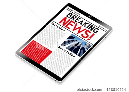 Tablet with breaking news web page - 3D illustration Tablet with breaking news web page - 3D illustration 138810234