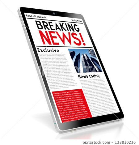 Tablet with breaking news web page - 3D illustration Tablet with breaking news web page - 3D illustration 138810236