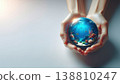 Ocean conservation, climate conscious summer living. pair of hands gently cradles glass sphere containing vibrant underwater scene 138810247