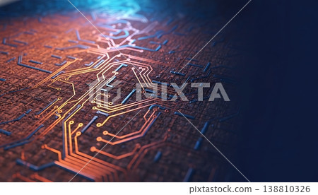 Close-up view of a printed circuit board with intricate copper traces and electronic components illuminated by blue and orange lighting effects Close-up view of a printed circuit board with intricate copper traces and electronic components illuminated by blue and orange lighting effects 138810326