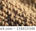 Close-up view of textured beige fabric with intricate woven patterns and metallic threads, showcasing craftsmanship and material quality in textile design 138810346