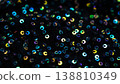 Close-up view of shimmering black fabric adorned with multicolored sequins reflecting light, creating a vibrant and textured surface ideal for fashion or decoration 138810349