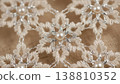 Intricate lacework featuring delicate floral patterns with pearl embellishments on a textured beige fabric background, showcasing craftsmanship and detail in textile design 138810352