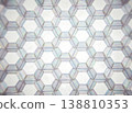 Abstract geometric pattern featuring interconnected hexagons with a translucent, iridescent texture creating a visually striking design on a light background 138810353
