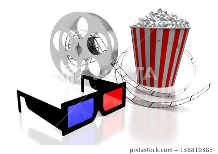 Film reel, popcorn and three-dimensional glasses - movie theater concept - 3D illustration Film reel, popcorn and three-dimensional glasses - movie theater concept - 3D illustration 138810383