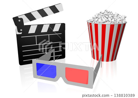 Clapperboard, popcorn and cinema glasses - movie theater concept - 3D illustration 138810389