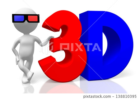 Cartoon character and 3D word - three-dimensional movies concept 138810395