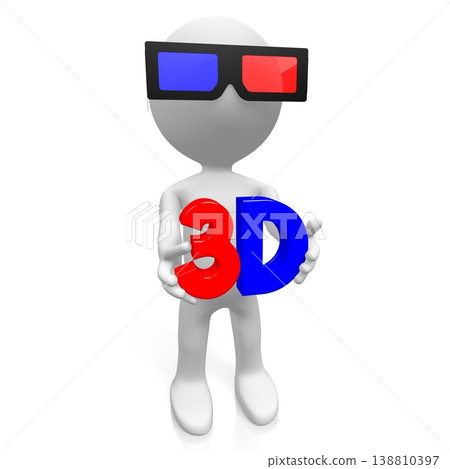Cartoon character holding 3D word - three-dimensional movies concept 138810397
