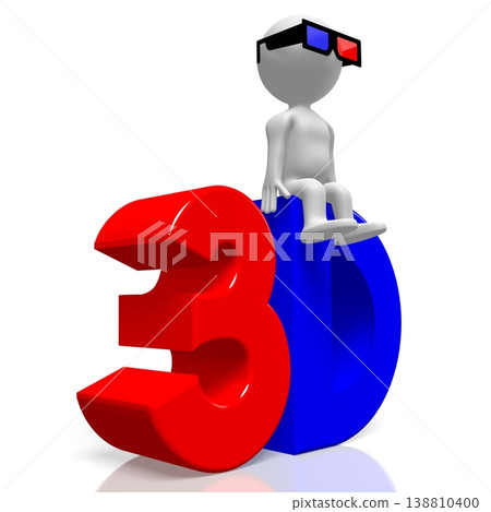 Cartoon character with cinema glasses sitting on 3D letters 138810400