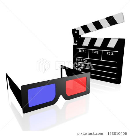 Clapperboard and cinema, movie theater glasses - 3D illustration 138810406