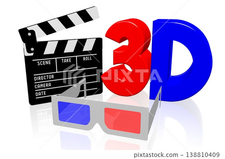 Clapperboard, glasses and 3D word - movie theater concept 138810409