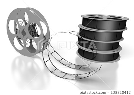 Film reels with tape isolated on white background - 3D illustration 138810412