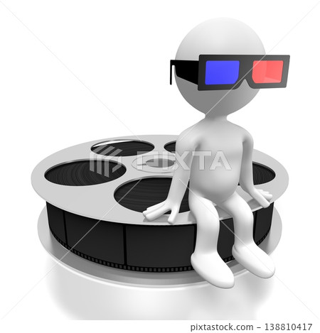 Cartoon character sitting on film reel - cinema, movie theater concept - 3D illustration 138810417