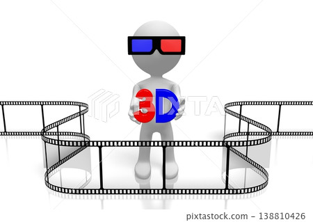 Cartoon character holding 3D word - cinema, movie theater concept 138810426