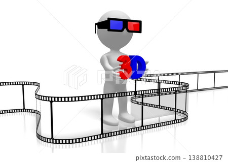 Cartoon character holding 3D word - cinema, movie theater concept 138810427