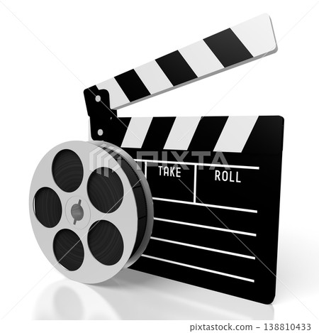 Film reel and clapperboard isolated on white background - 3D illustration 138810433