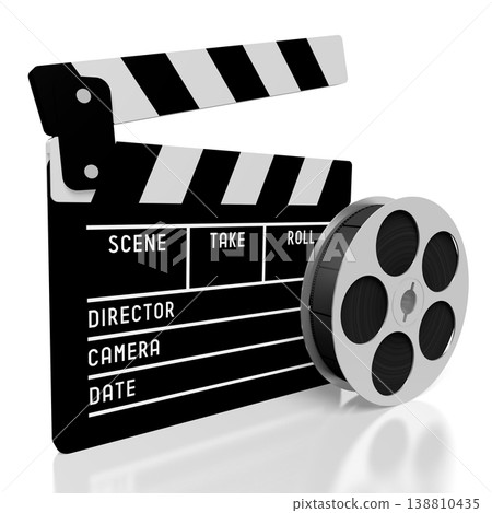 Film reel and clapperboard isolated on white background - 3D illustration Film reel and clapperboard isolated on white background - 3D illustration 138810435
