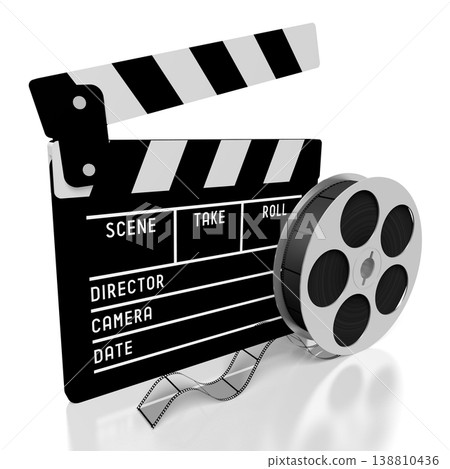 Film reel and clapperboard isolated on white background - 3D illustration Film reel and clapperboard isolated on white background - 3D illustration 138810436