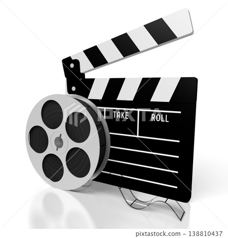 Film reel and clapperboard isolated on white background - 3D illustration Film reel and clapperboard isolated on white background - 3D illustration 138810437