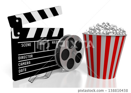 Clapperboard and popcorn bucket - cinema, movie theater concept - 3D illustration Clapperboard and popcorn bucket - cinema, movie theater concept - 3D illustration 138810438