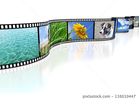 Film tape with images isolated on white background - 3D illustration 138810447