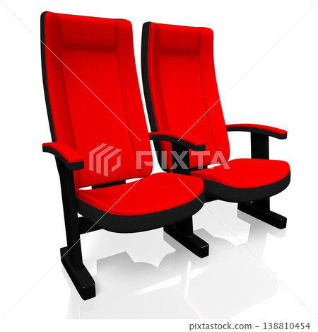 Two red cinema, movie theater seats isolated on white background - 3D illustration 138810454