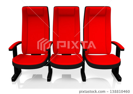 Three red cinema, movie theater seats isolated on white background - 3D illustration 138810460