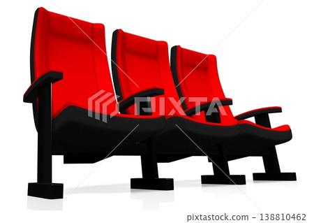 Three red cinema, movie theater seats isolated on white background - 3D illustration 138810462