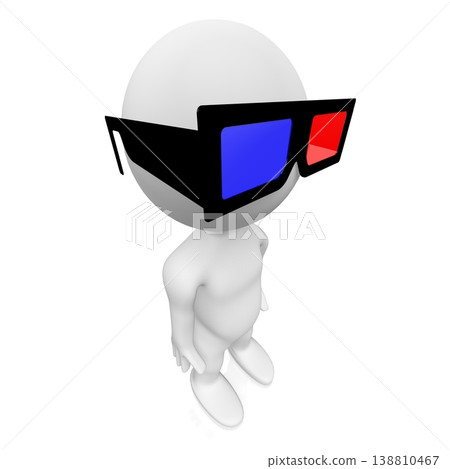 Cartoon character wearing red and blue cinema glasses - 3D illustration Cartoon character wearing red and blue cinema glasses - 3D illustration 138810467