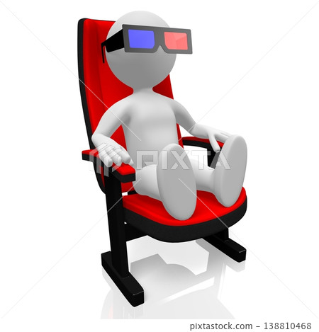 Cinema seat and cartoon character wearing retro red and blue glasses - 3D illustration Cinema seat and cartoon character wearing retro red and blue glasses - 3D illustration 138810468