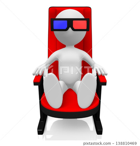Cinema seat and cartoon character wearing retro red and blue glasses - 3D illustration 138810469
