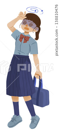 An illustration of a female student with a pale face suffering from dizziness. An illustration of a female student with a pale face suffering from dizziness. 138810476
