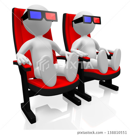 Cinema seats and cartoon characters wearing retro red and blue glasses - 3D illustration Cinema seats and cartoon characters wearing retro red and blue glasses - 3D illustration 138810551