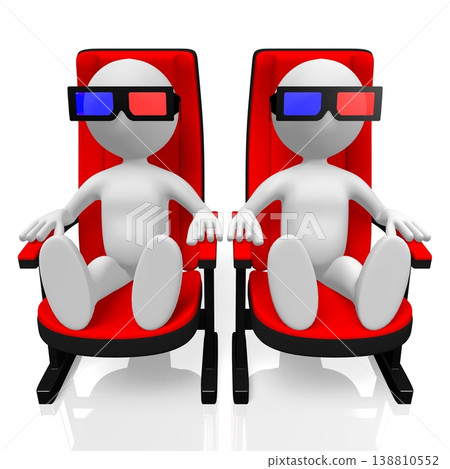Cinema seats and cartoon characters wearing retro red and blue glasses - 3D illustration 138810552