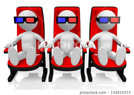Cinema seats and cartoon characters wearing retro red and blue glasses - 3D illustration 138810555