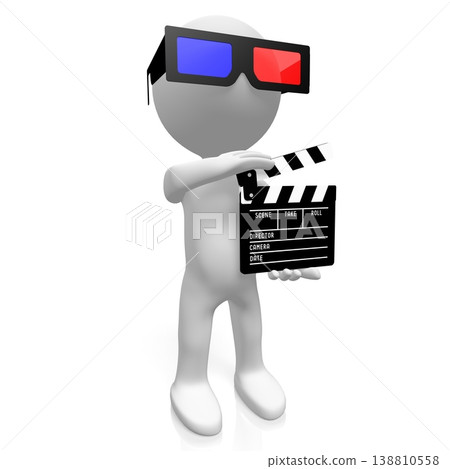 Cartoon character with cinema glasses holds clapperboard - 3D illustration Cartoon character with cinema glasses holds clapperboard - 3D illustration 138810558