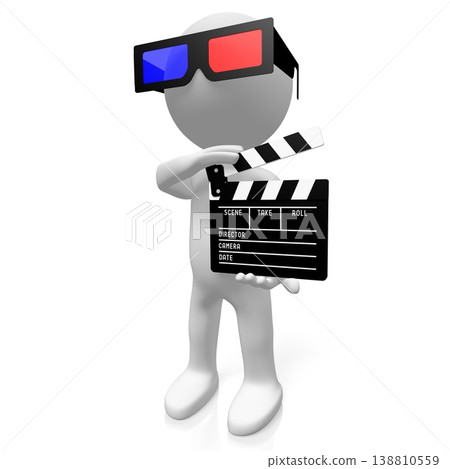 Cartoon character with cinema glasses holds clapperboard - 3D illustration 138810559