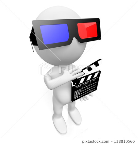 Cartoon character with cinema glasses holds clapperboard - 3D illustration Cartoon character with cinema glasses holds clapperboard - 3D illustration 138810560