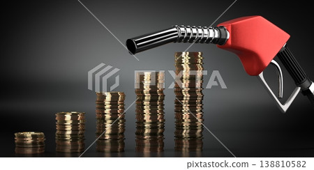 Rising fuel costs shown by coin stacks side view - 3d illustration 138810582