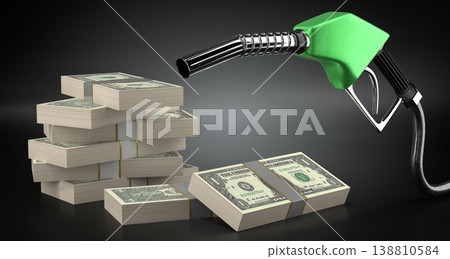 One dollar bills with fuel pump nozzle side view - 3d illustration One dollar bills with fuel pump nozzle side view - 3d illustration 138810584