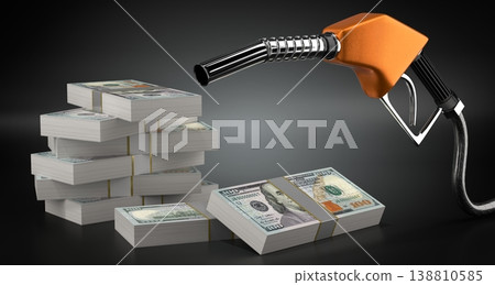 One hundred dollar bills with orange nozzle side view - 3d illustration One hundred dollar bills with orange nozzle side view - 3d illustration 138810585