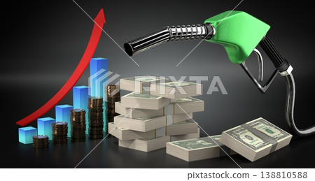 Fuel prices increase concept with fuel pump, money and growth chart - 3d illustration 138810588