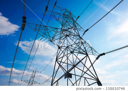 Electricity pylons and sky in background - 3D illustration Electricity pylons and sky in background - 3D illustration 138810746