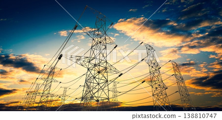 Electricity pylons with sunset sky in background - 3D illustration 138810747