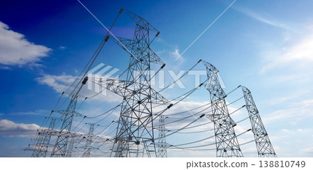 Electricity pylons and sky in background - 3D illustration Electricity pylons and sky in background - 3D illustration 138810749