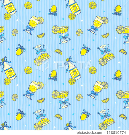 Blue Preppy Coquette Girly Yellow Lemon Summer Drink Seamless Pattern isolated on Stripes Whimsical Hand Drawn Blue Preppy Coquette Girly Yellow Lemon Summer Drink Seamless Pattern isolated on Stripes Whimsical Hand Drawn 138810774